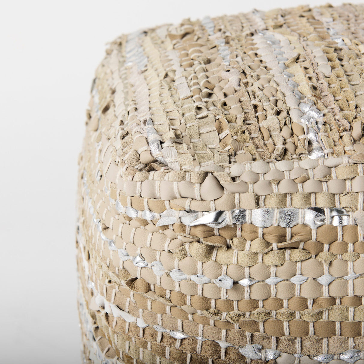 Aadhya 16.0L x 16.0W x 16.0H Taupe/Silver Leather and Cotton Pouf by Mercana at Eve Furniture