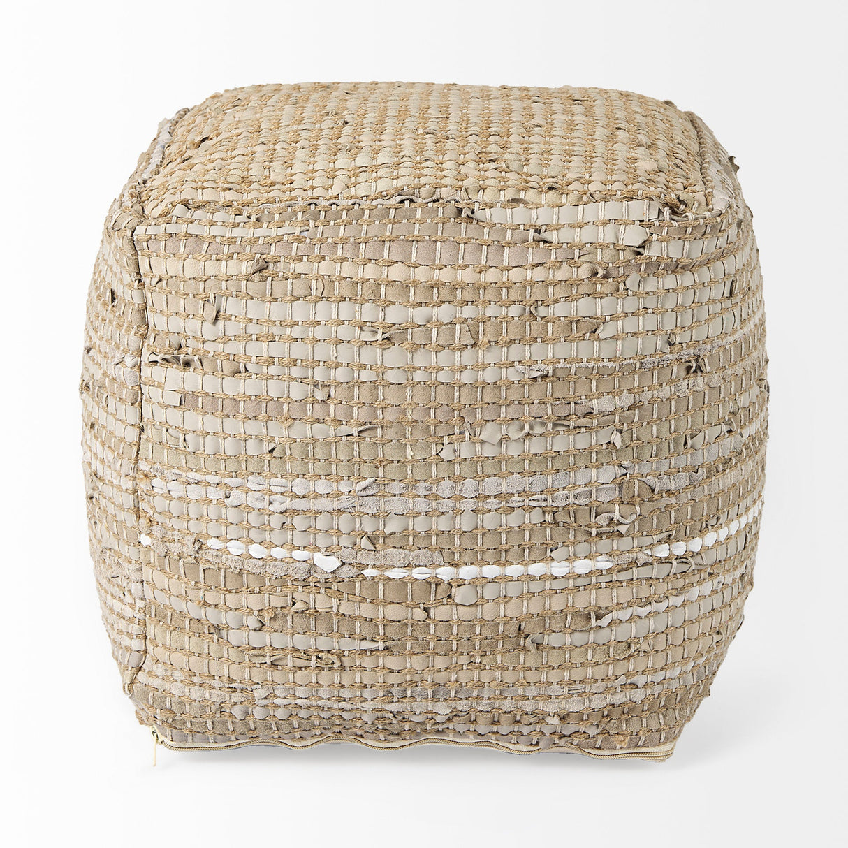 Aalia 16.0L x 16.0W x 16.0H Beige Leather and Jute Pouf by Mercana at Eve Furniture