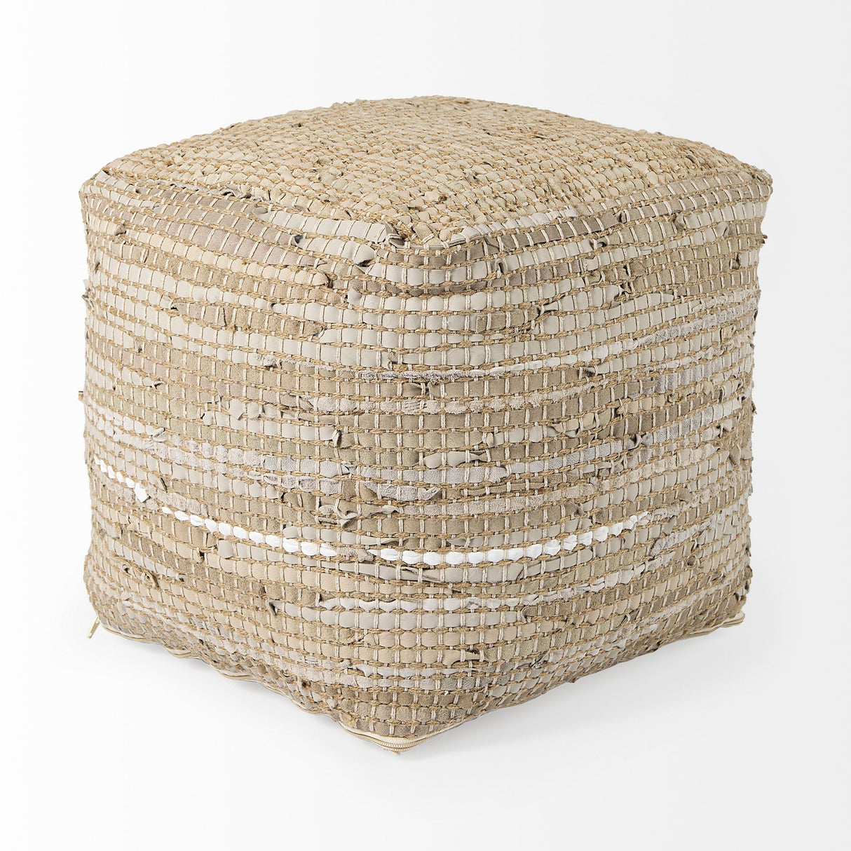 Aalia 16.0L x 16.0W x 16.0H Beige Leather and Jute Pouf by Mercana at Eve Furniture
