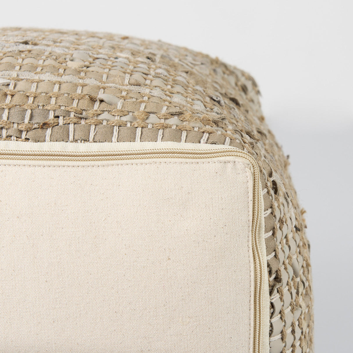 Aalia 16.0L x 16.0W x 16.0H Beige Leather and Jute Pouf by Mercana at Eve Furniture