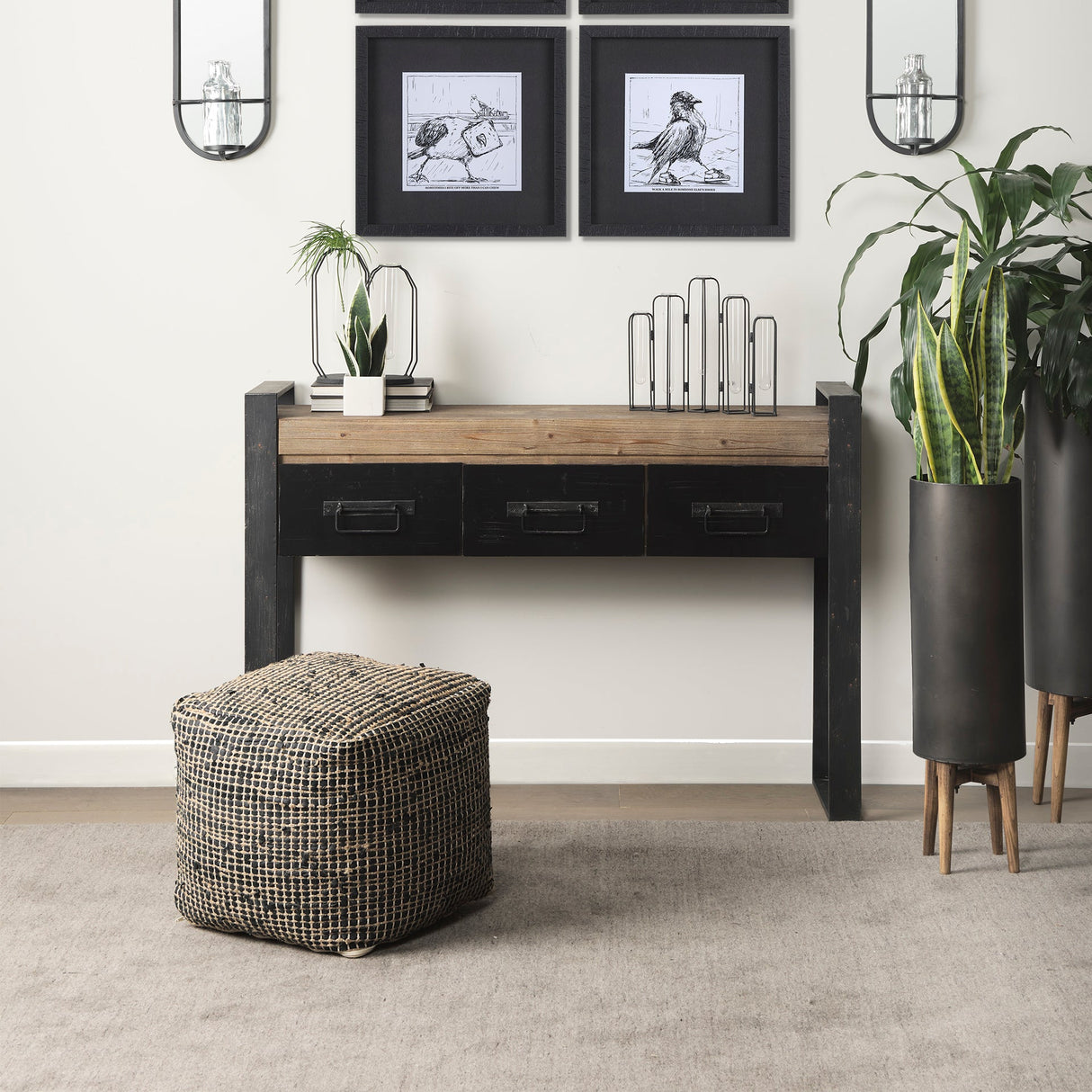 Aalia 16.0L x 16.0W x 16.0H Charcoal Leather and Jute Pouf by Mercana at Eve Furniture