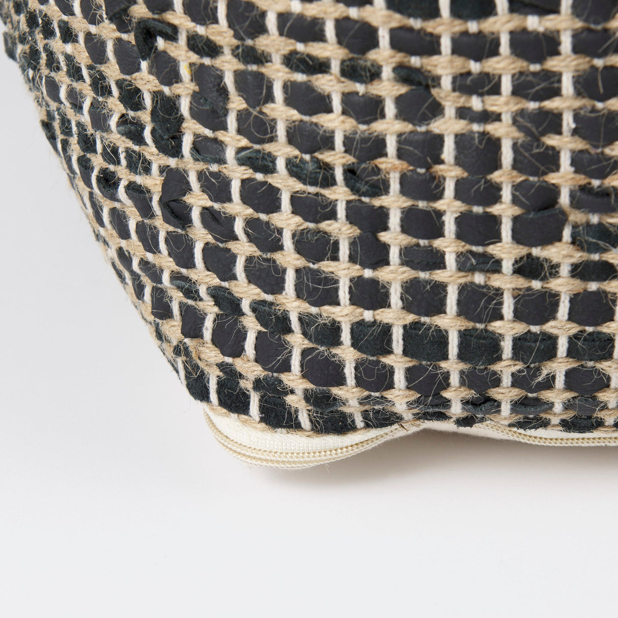 Aalia 16.0L x 16.0W x 16.0H Charcoal Leather and Jute Pouf by Mercana at Eve Furniture