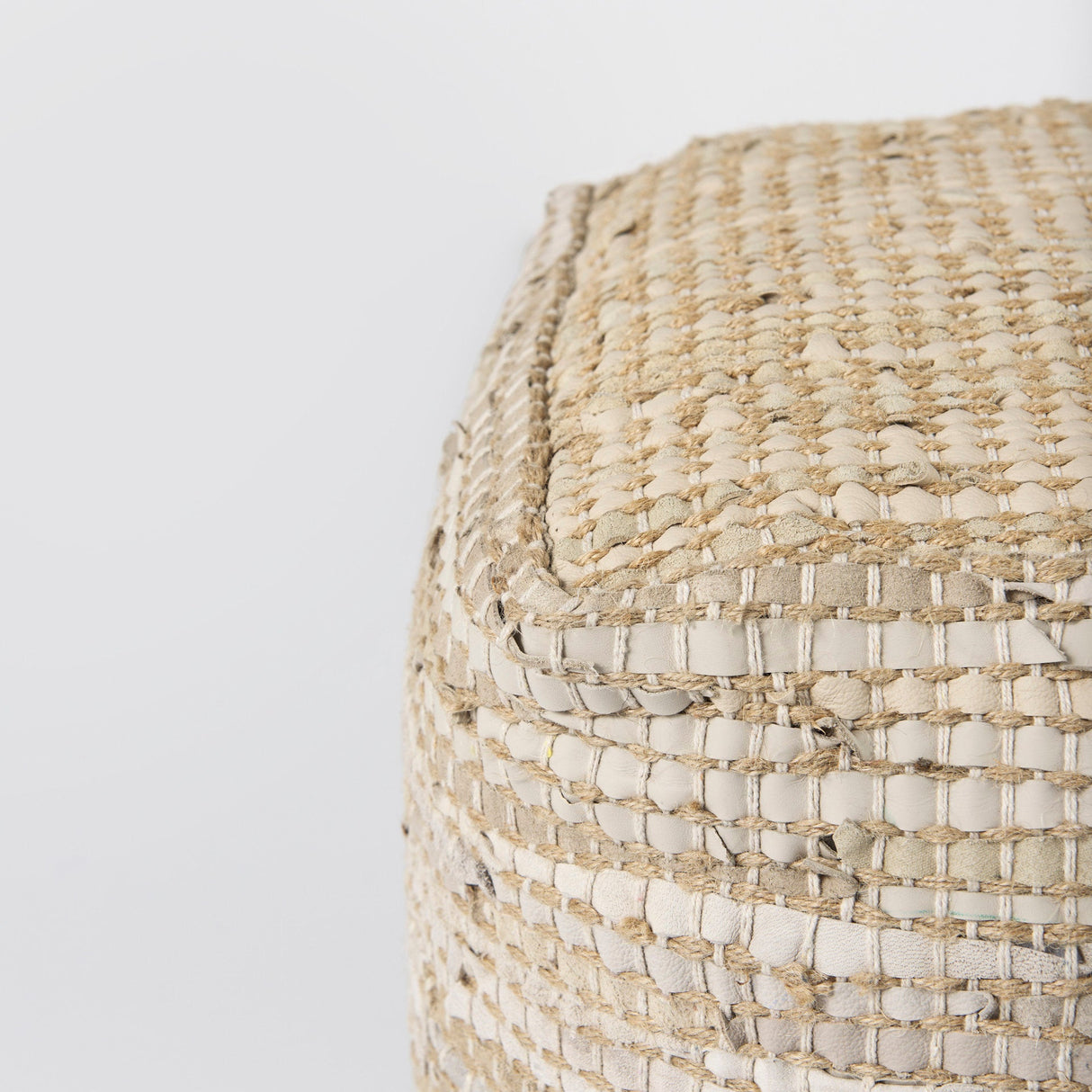 Aalia Beige Leather and Jute Pouf by Mercana at Eve Furniture