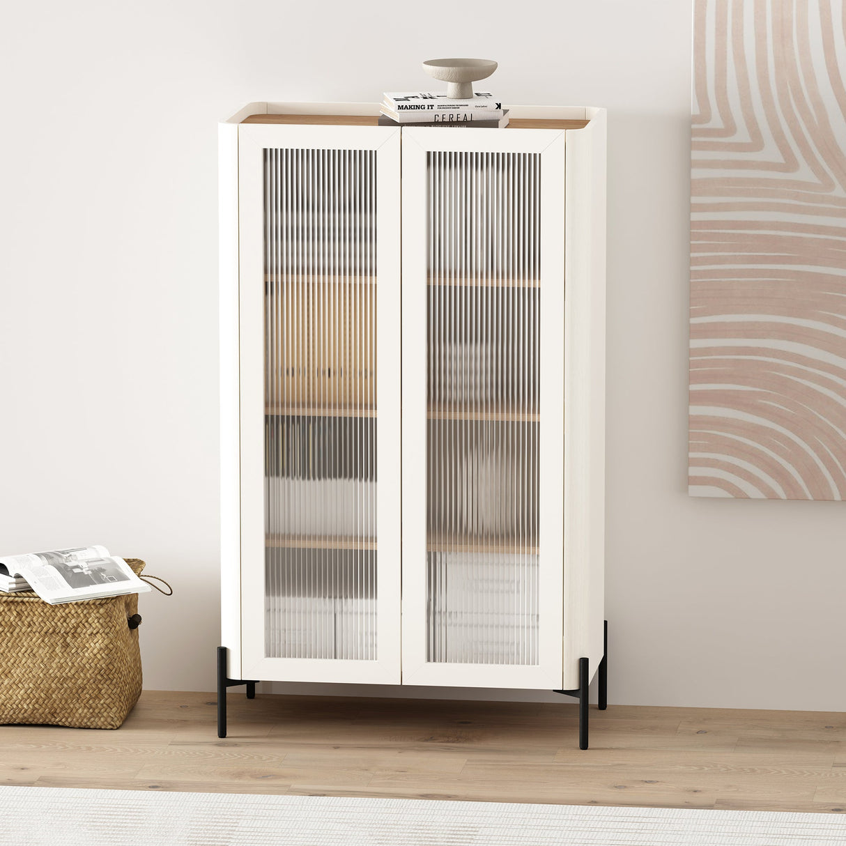 Abbey Décor Glass Cabinet in Maple and Off White by Manhattan Comfort at Eve Furniture