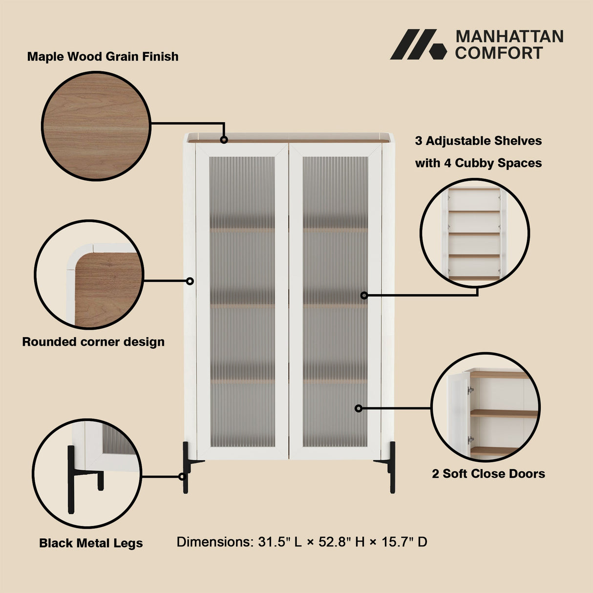 Abbey Décor Glass Cabinet in Maple and Off White by Manhattan Comfort at Eve Furniture