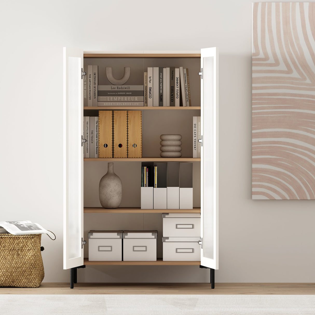 Abbey Décor Glass Cabinet in Maple and Off White by Manhattan Comfort at Eve Furniture