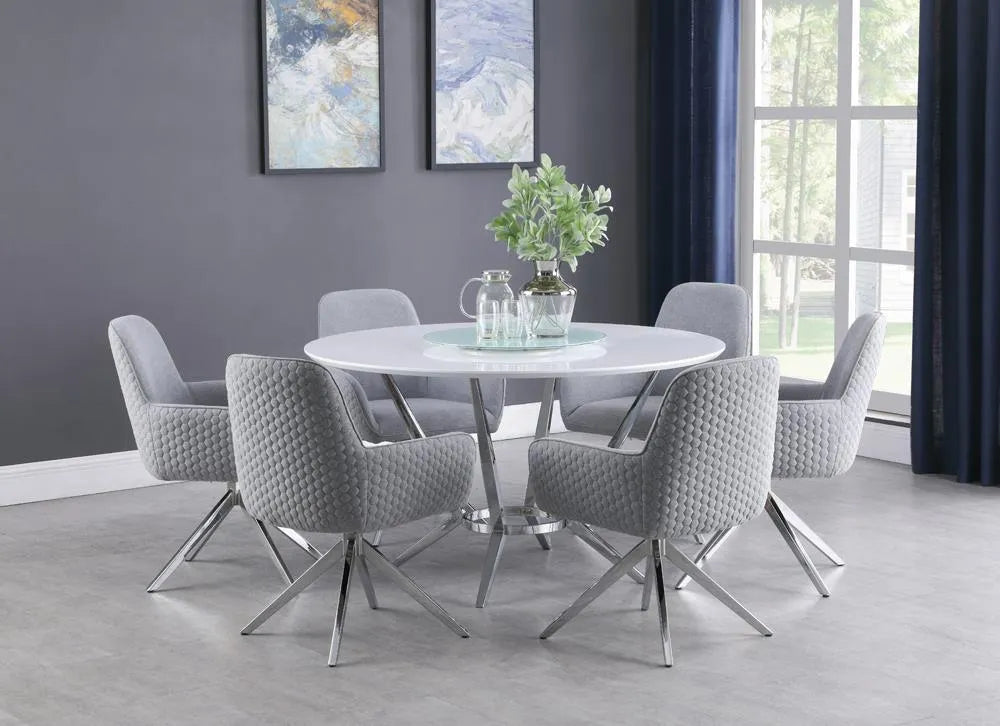 Abby White/Chrome Round Dining Table with Lazy Susan by Coaster at Eve Furniture