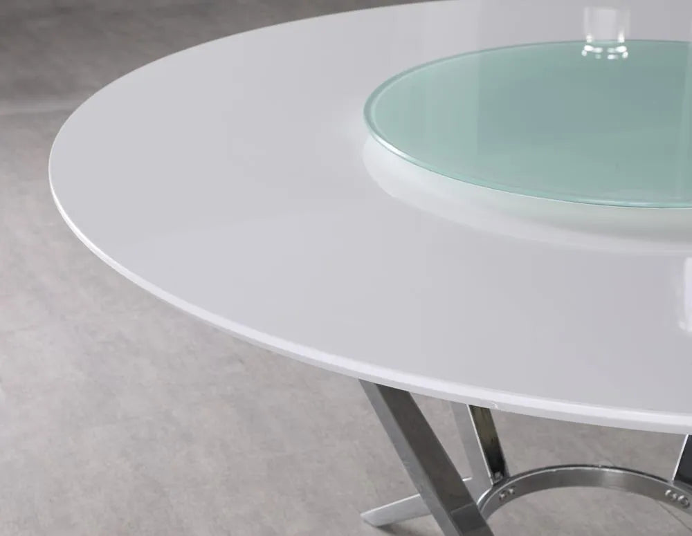 Abby White/Chrome Round Dining Table with Lazy Susan by Coaster at Eve Furniture