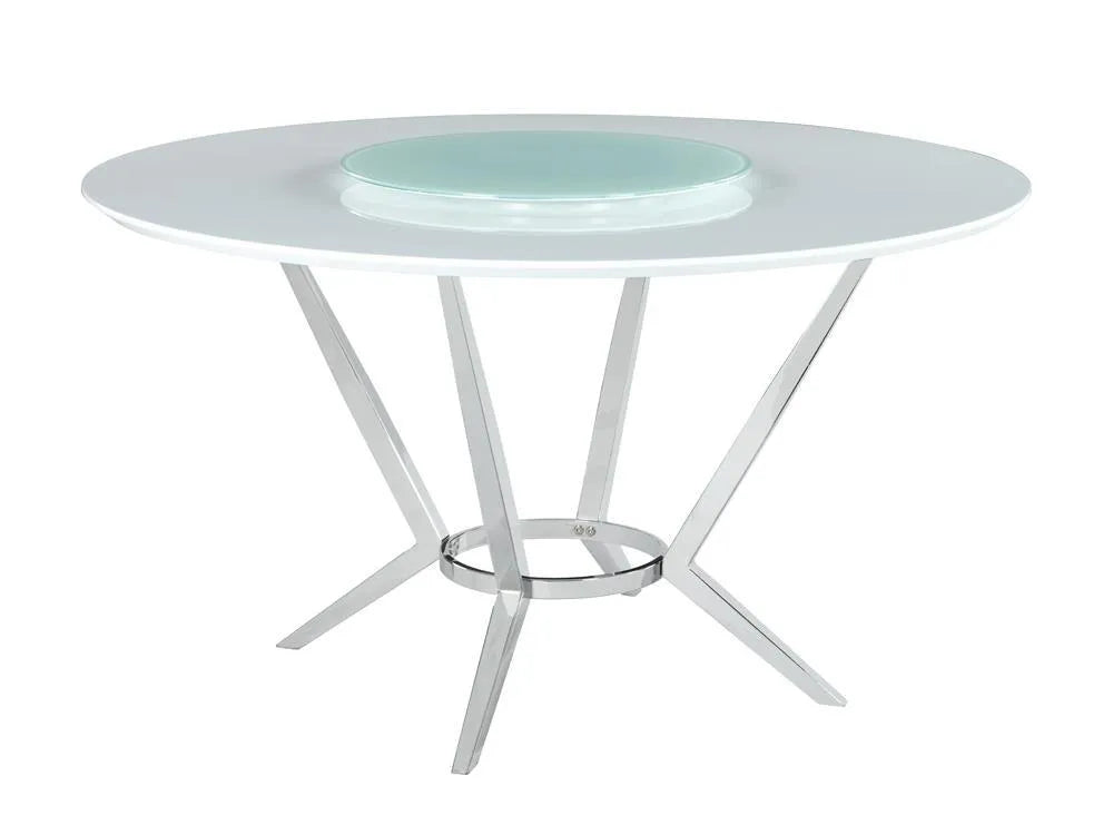 Abby White/Chrome Round Dining Table with Lazy Susan by Coaster at Eve Furniture