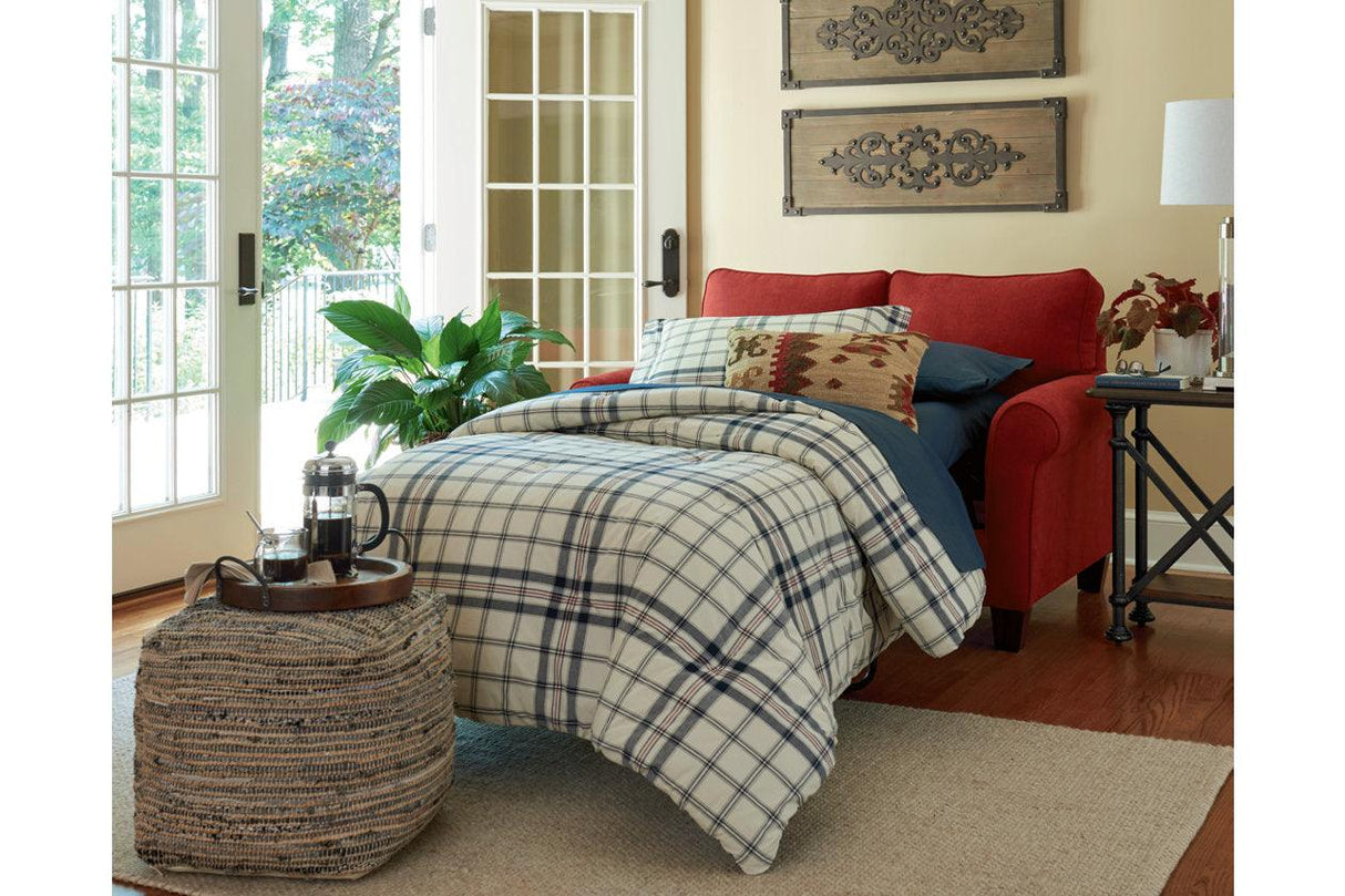 Absalom Denim Pouf by Ashley at Eve Furniture