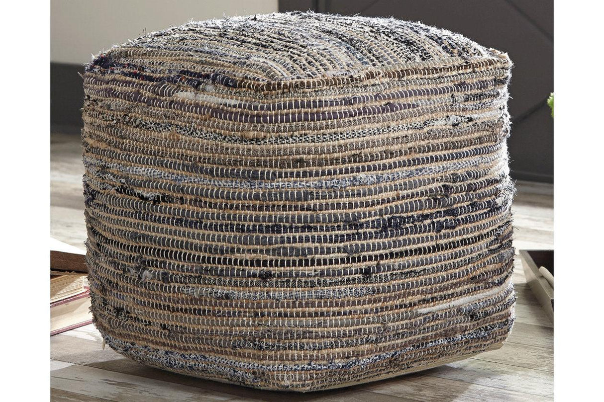 Absalom Denim Pouf by Ashley at Eve Furniture