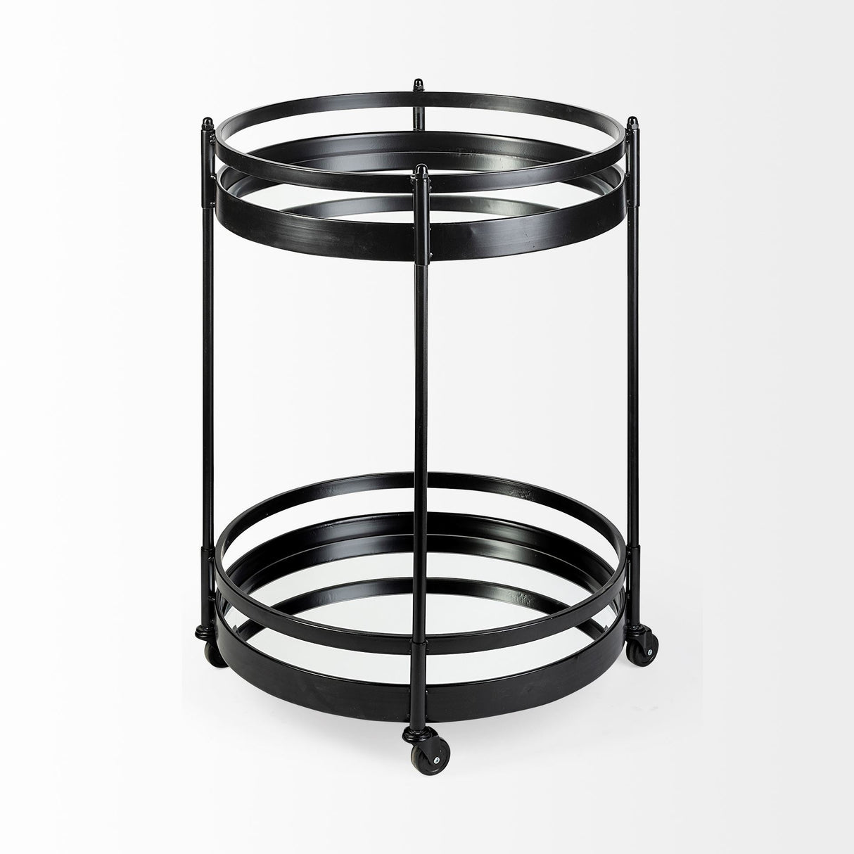 Ada Round Shape Black Metal Frame Two-Tier w/Glass Shelf Bar Cart by Mercana at Eve Furniture