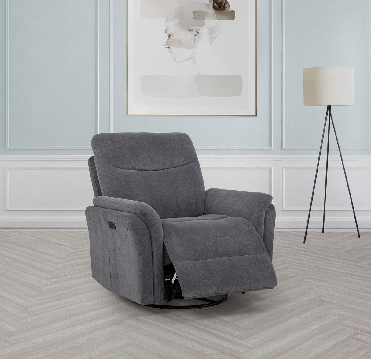 Adler Charcoal Gray Upholstered Power Swivel Glider Recliner by Coaster at Eve Furniture