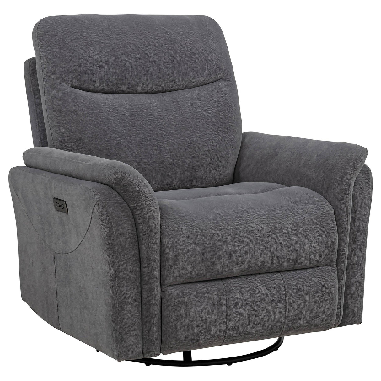 Adler Charcoal Gray Upholstered Power Swivel Glider Recliner by Coaster at Eve Furniture