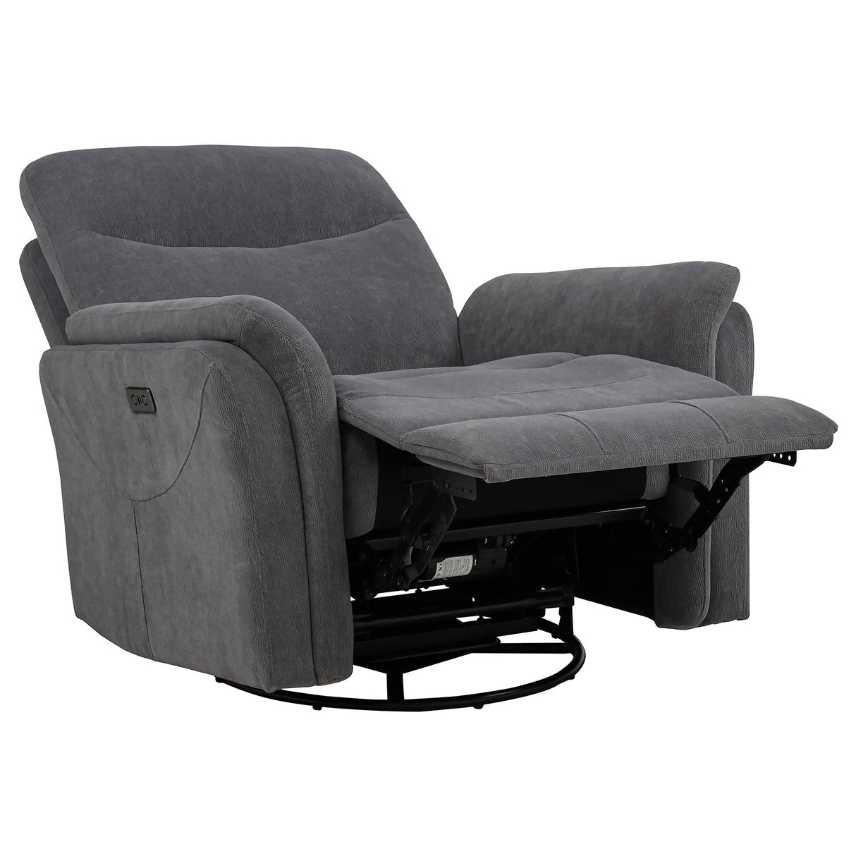 Adler Charcoal Gray Upholstered Power Swivel Glider Recliner by Coaster at Eve Furniture