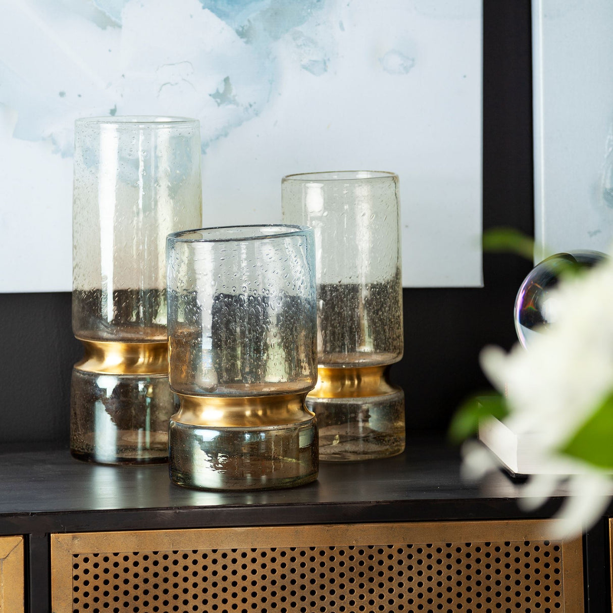 Adriatic I Small Brushed Gold Metal Glass Vase by Mercana at Eve Furniture