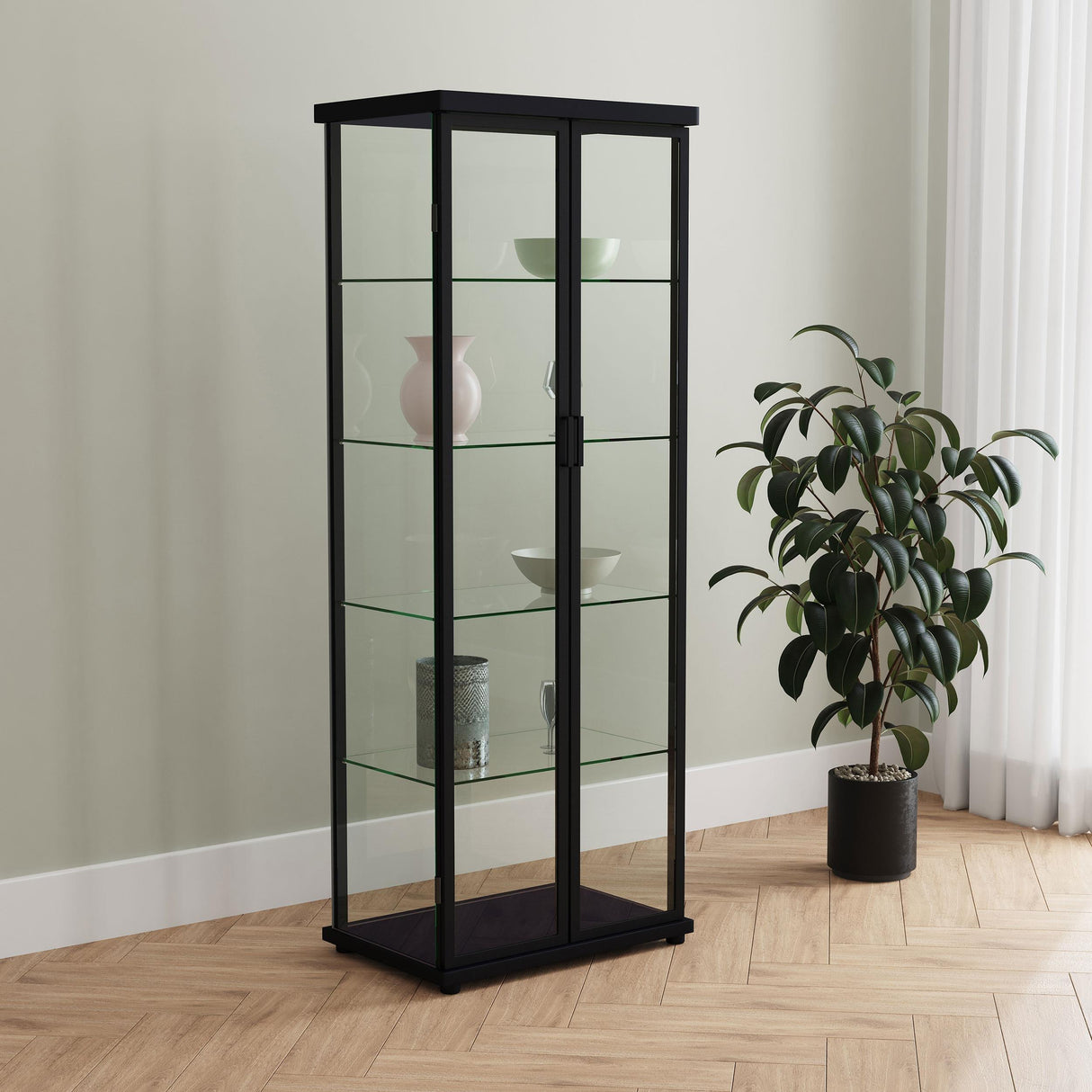 Aero 5-shelf Display Curio Cabinet with LED and Clear Tempered Glass Shelves Black by Coaster at Eve Furniture