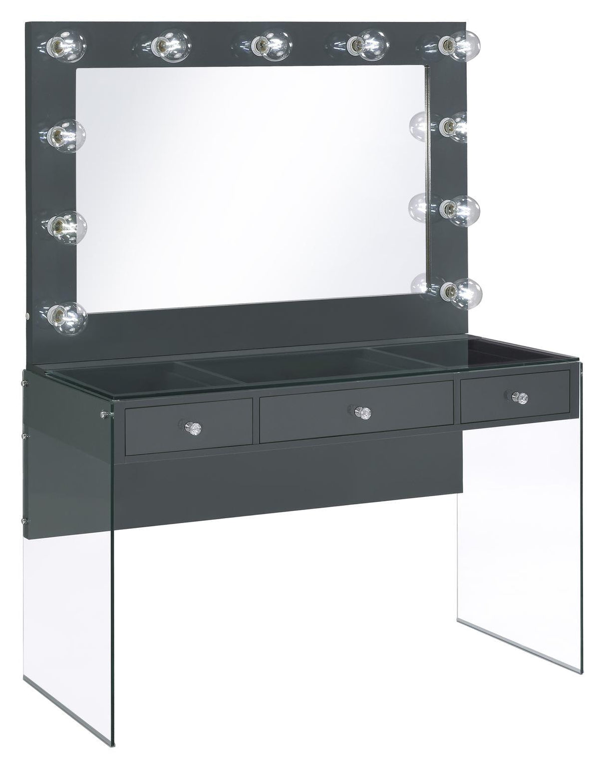 Afshan Gray High Gloss 3-Drawer Vanity Desk with Lighting Mirror by Coaster at Eve Furniture