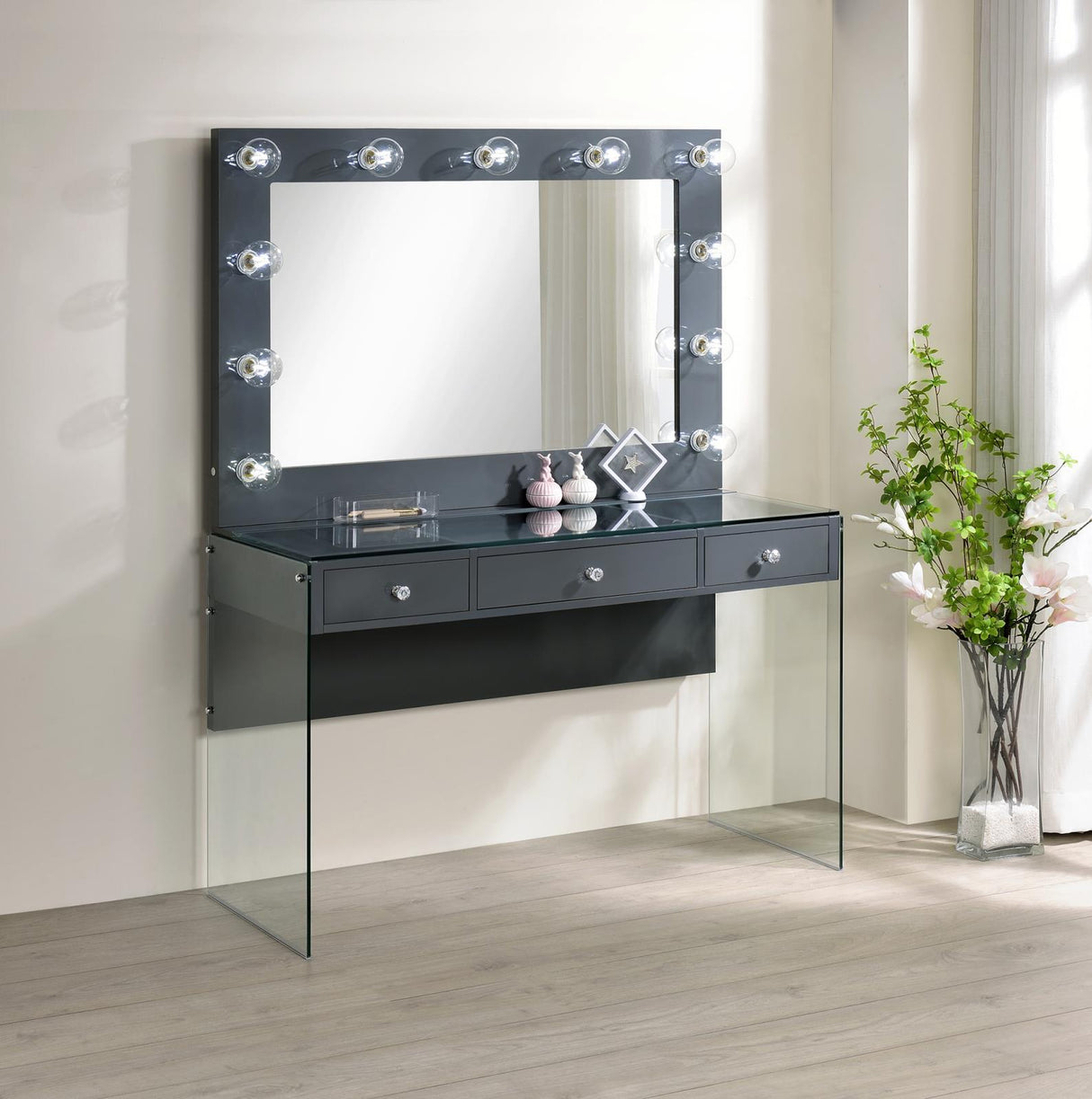 Afshan Gray High Gloss 3-Drawer Vanity Desk with Lighting Mirror by Coaster at Eve Furniture