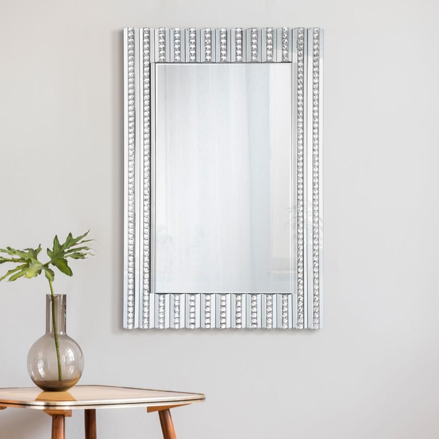 Aideen Silver Rectangular Wall Mirror with Vertical Stripes of Faux Crystals by Coaster at Eve Furniture