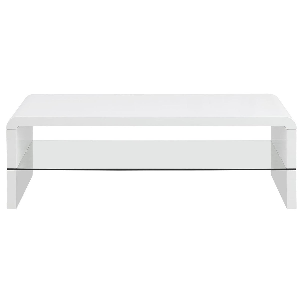 Airell White High Gloss Rectangular Coffee Table with Glass Shelf by Coaster at Eve Furniture
