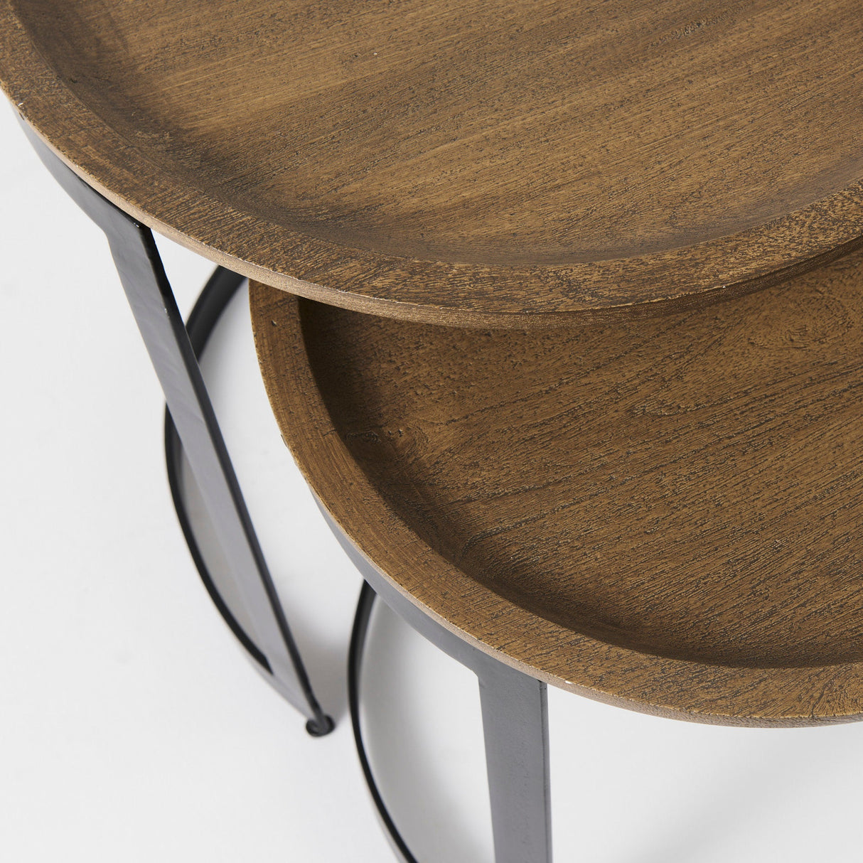 Aisley (Set of 2) 19.3L x 19.3W x 19H Light Brown Wood W/ Black Metal Base Round Nesting Side Tables by Mercana at Eve Furniture