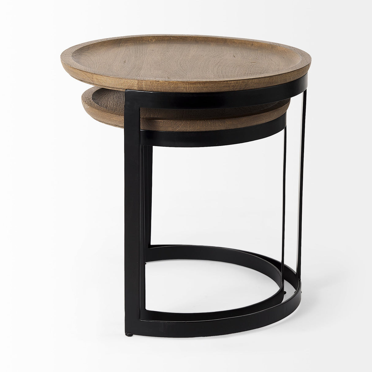 Aisley (Set of 2) Light Brown Wood W/ Black Metal Base Round Nesting Side Tables by Mercana at Eve Furniture