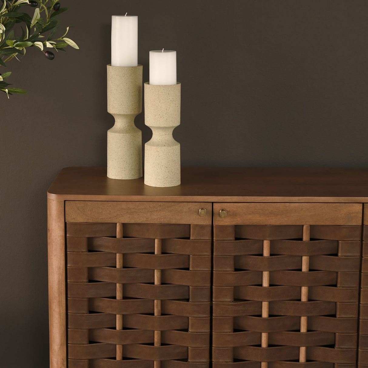 Akira Large Textured Beige Metal Pillar Candle Holder by Mercana at Eve Furniture