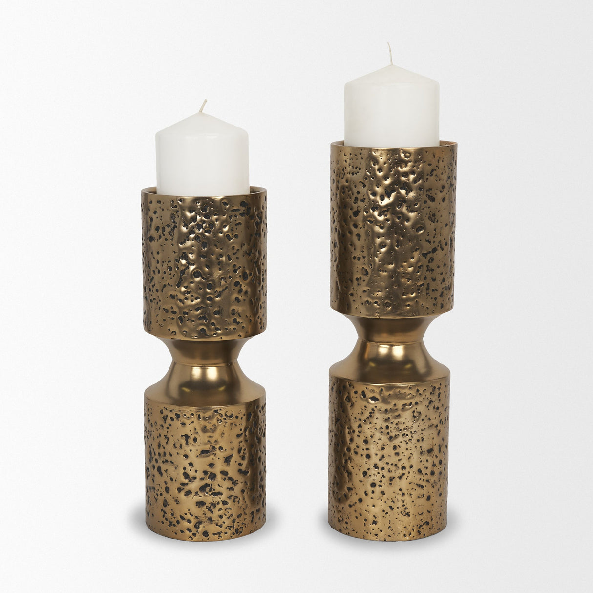 Akira Small Hammered Gold Metal Pillar Candle Holder by Mercana at Eve Furniture