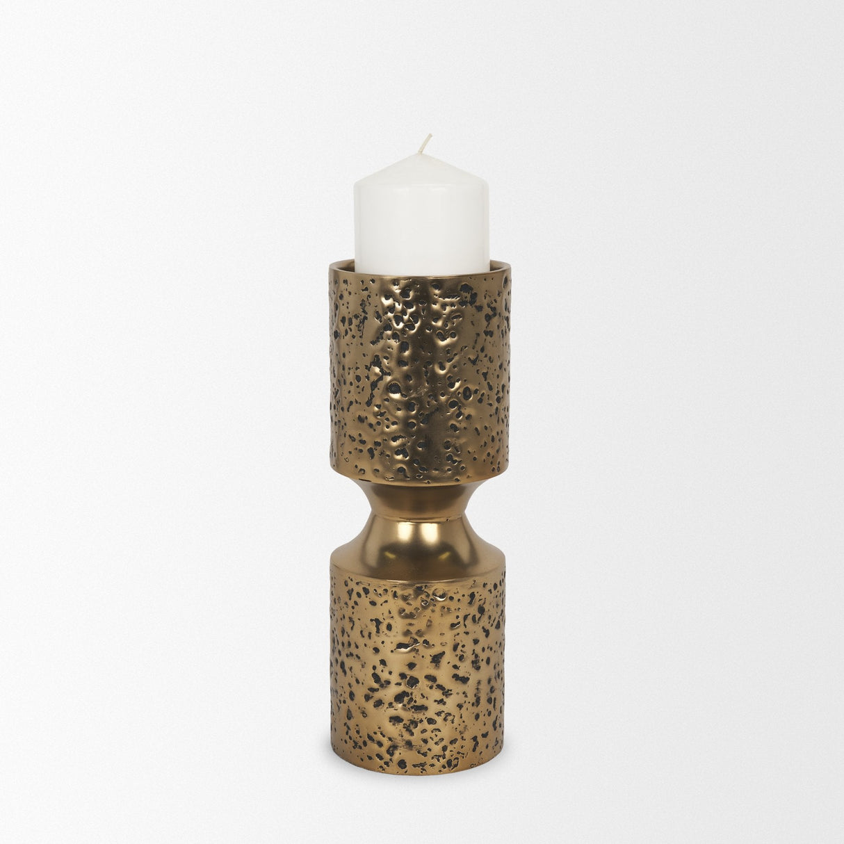 Akira Small Hammered Gold Metal Pillar Candle Holder by Mercana at Eve Furniture