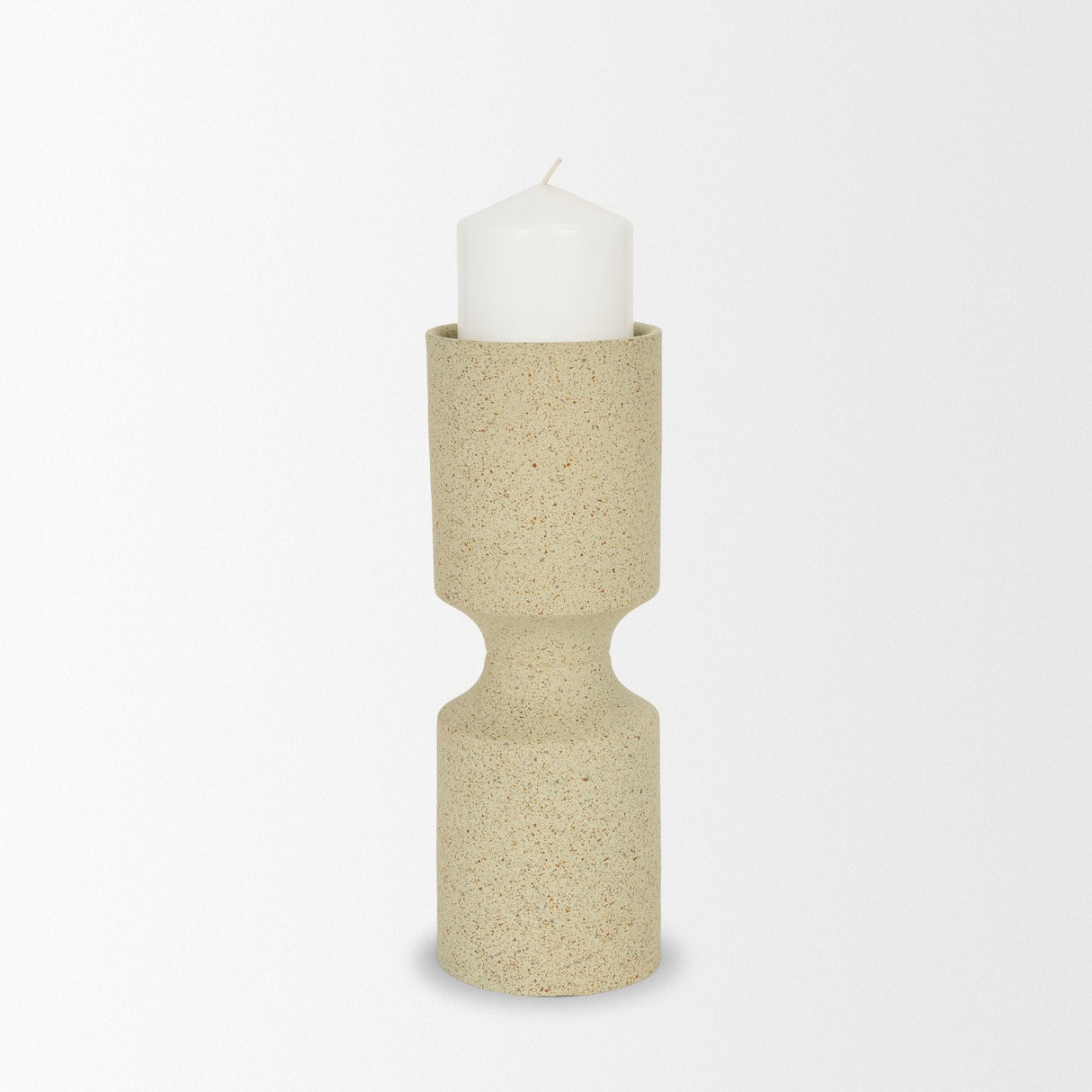 Akira Small Textured Beige Metal Pillar Candle Holder by Mercana at Eve Furniture