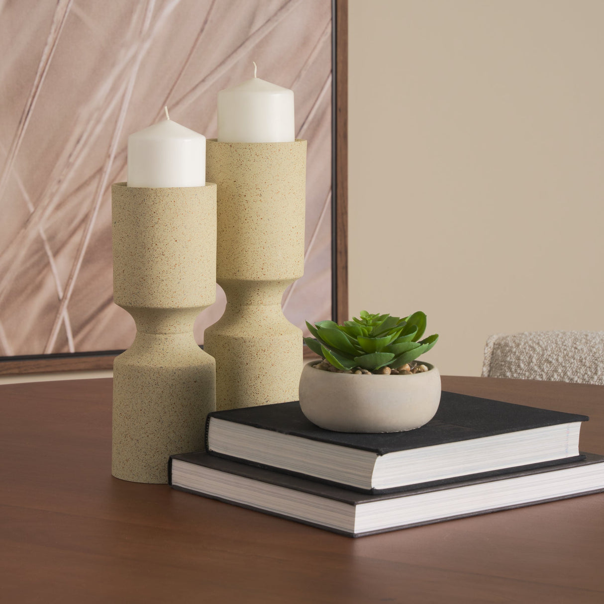 Akira Small Textured Beige Metal Pillar Candle Holder by Mercana at Eve Furniture