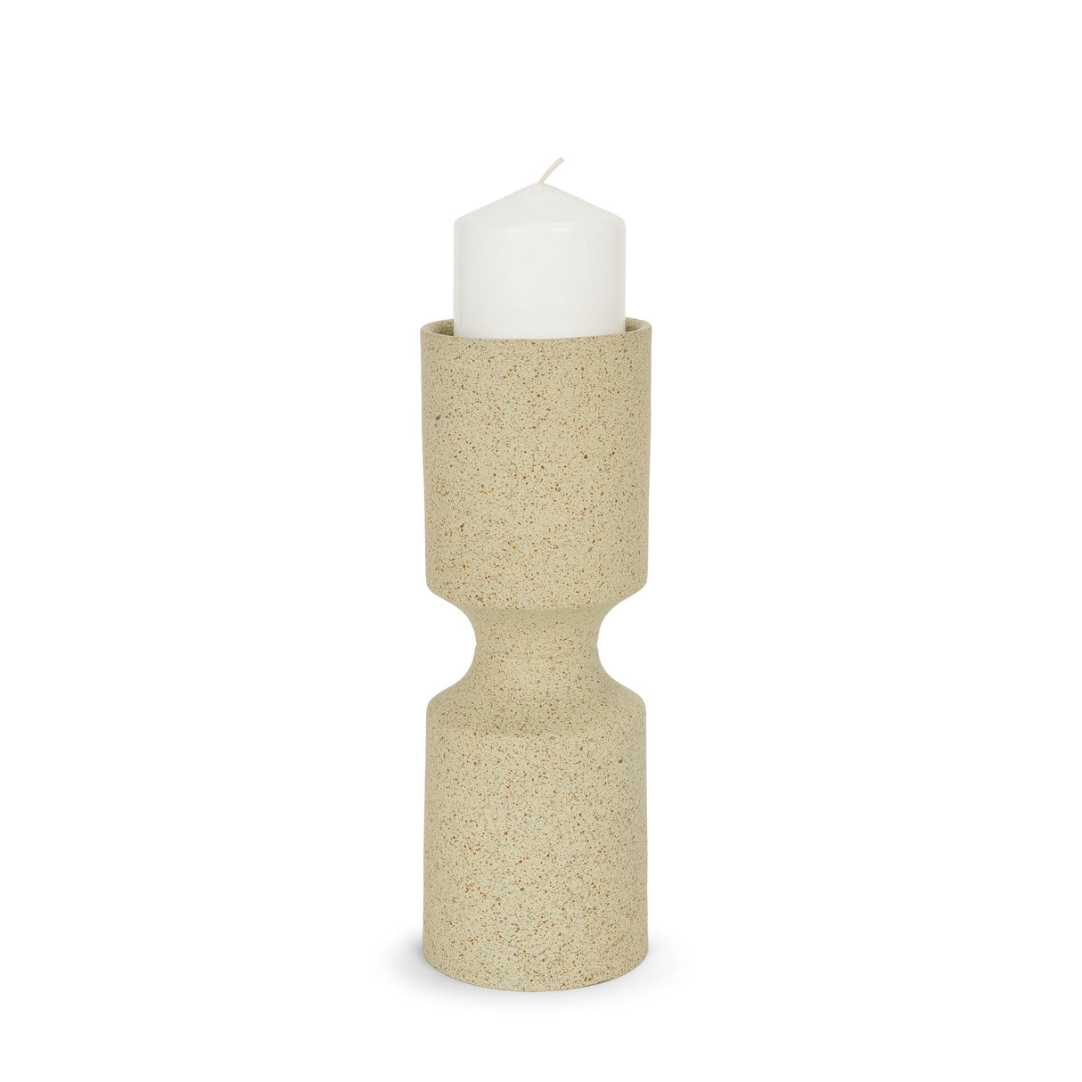 Akira Small Textured Beige Metal Pillar Candle Holder by Mercana at Eve Furniture