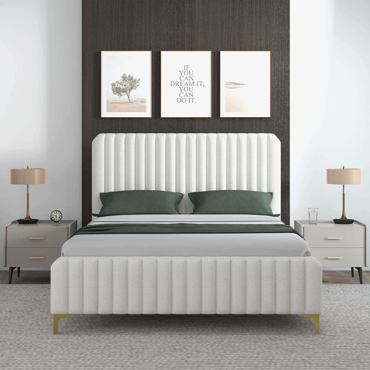 Valery Queen Size Cream Boucle Platform Bed by Ashcroft Imports at Eve Furniture