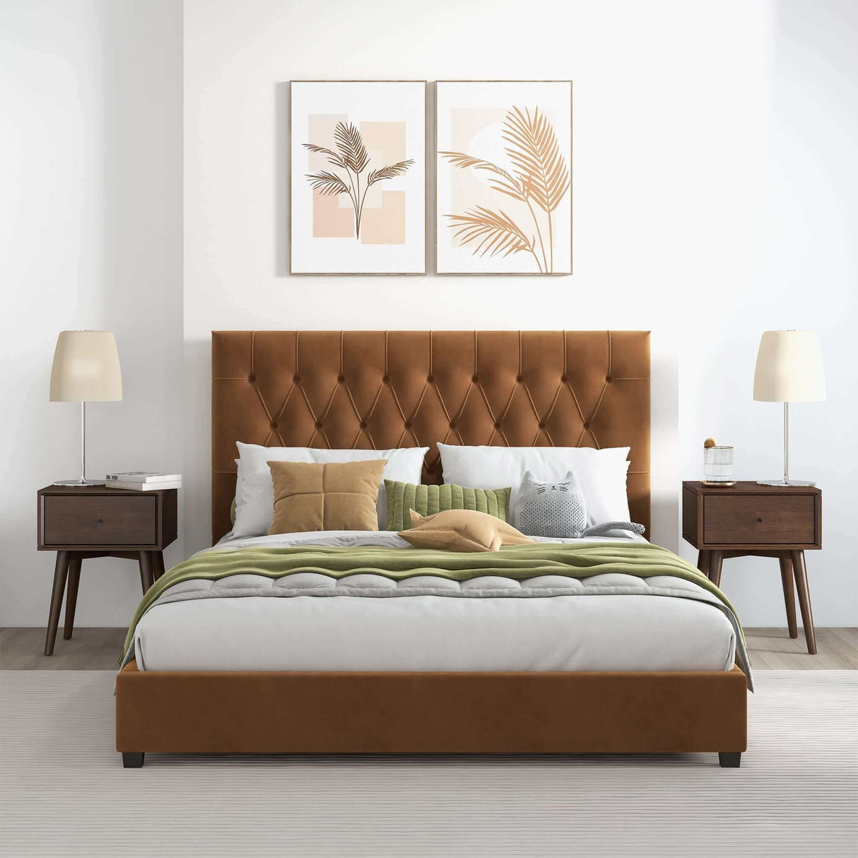 Donald Mid Century Modern Cognac Velvet Platform Bed Queen by Ashcroft Imports at Eve Furniture