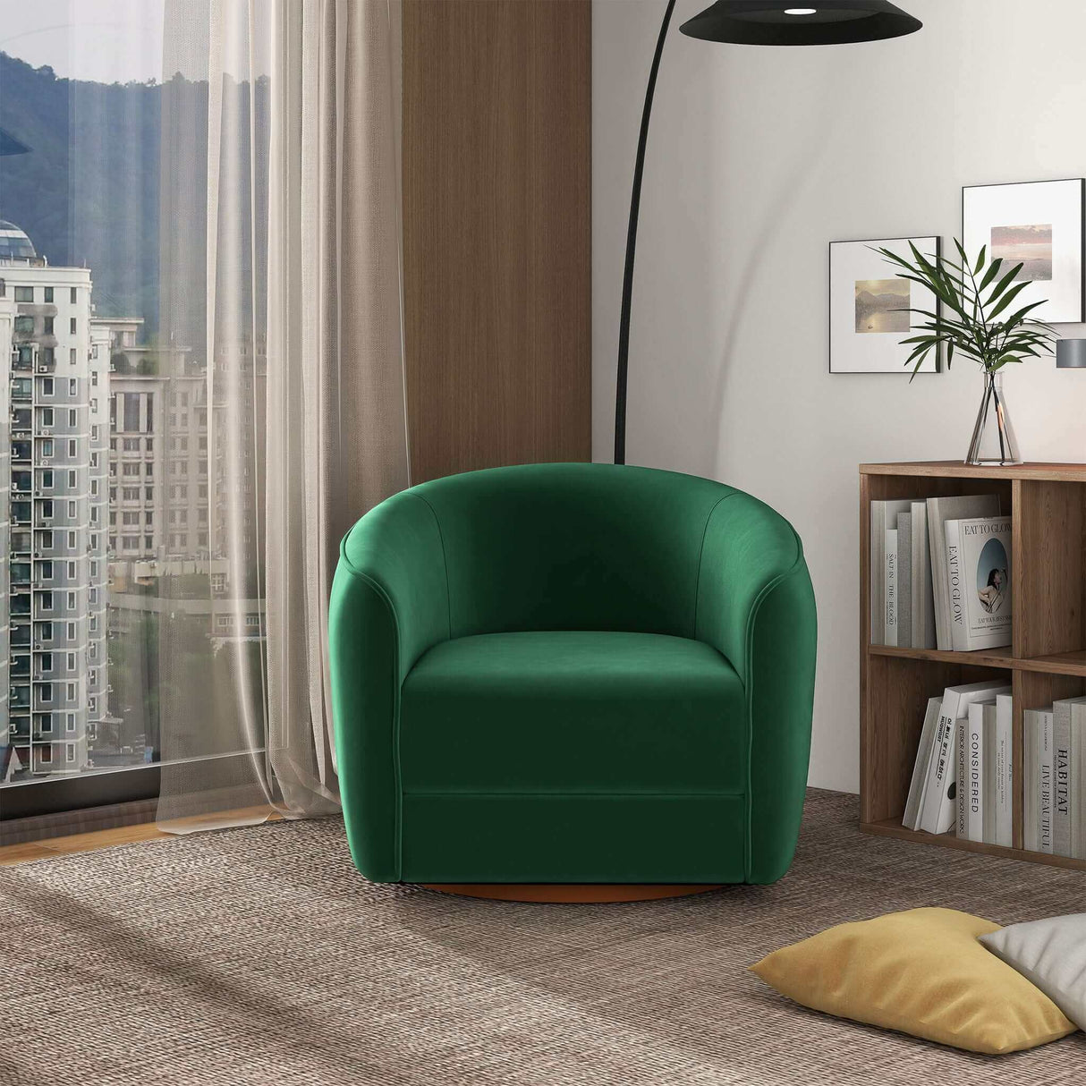 Elise Mid Century Modern Dark Green Velvet Swivel Chair by Ashcroft Imports at Eve Furniture