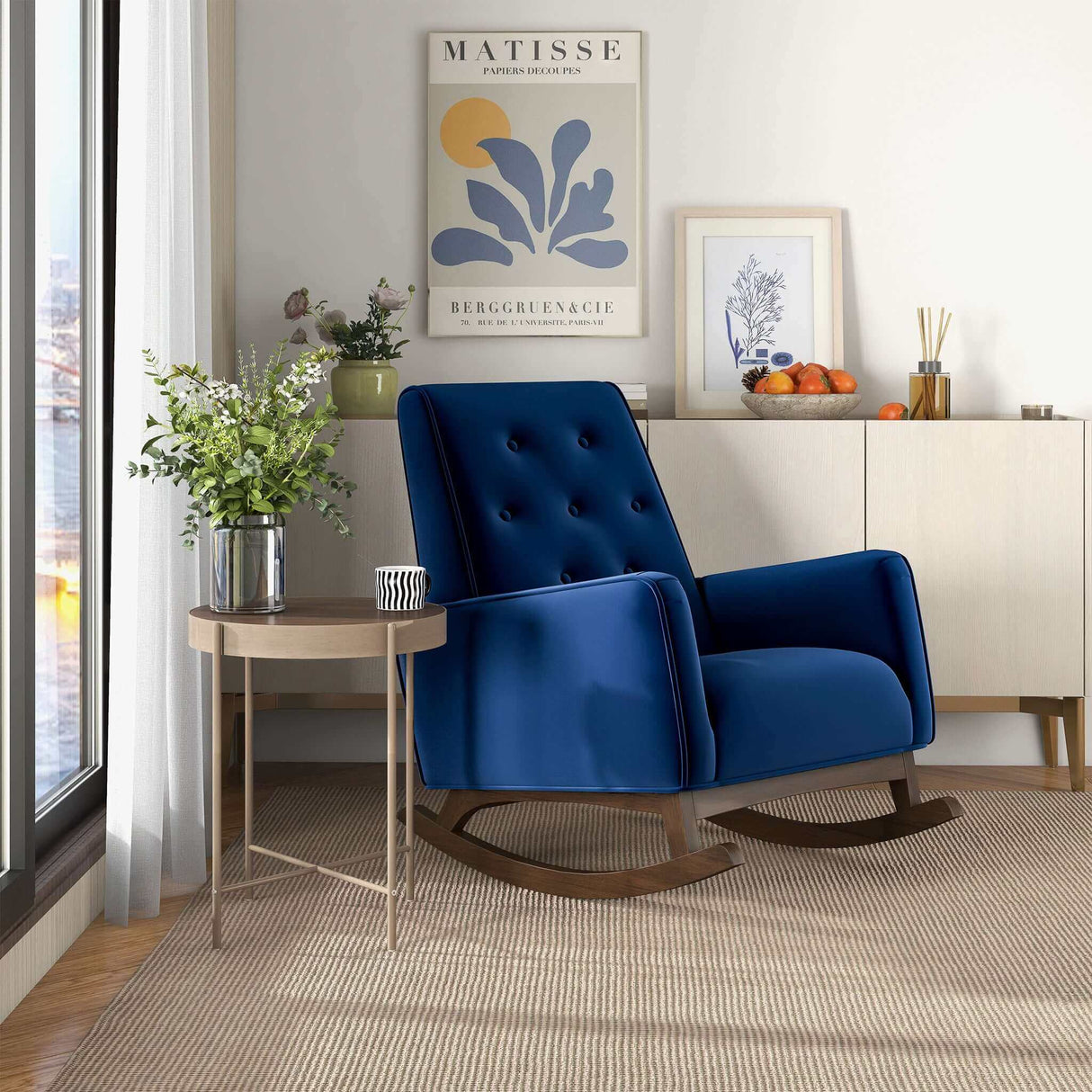 Demetrius Dark Blue Velvet Solid Wood Rocking Chair by Ashcroft Imports at Eve Furniture