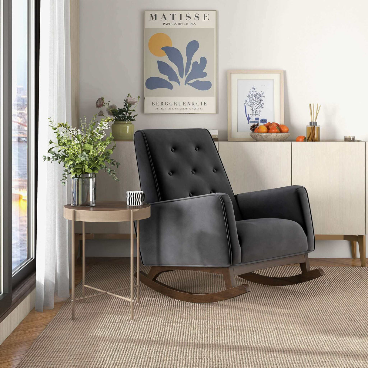 Demetrius Dark Grey Fabric Solid Wood Rocking Chair by Ashcroft Imports at Eve Furniture