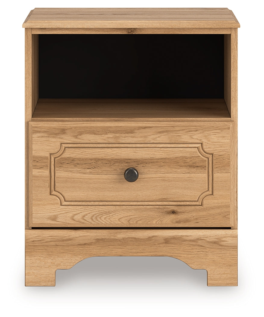 Aleaport Warm Brown Queen Panel Bed, Dresser, Mirror and Nightstand by Ashley at Eve Furniture