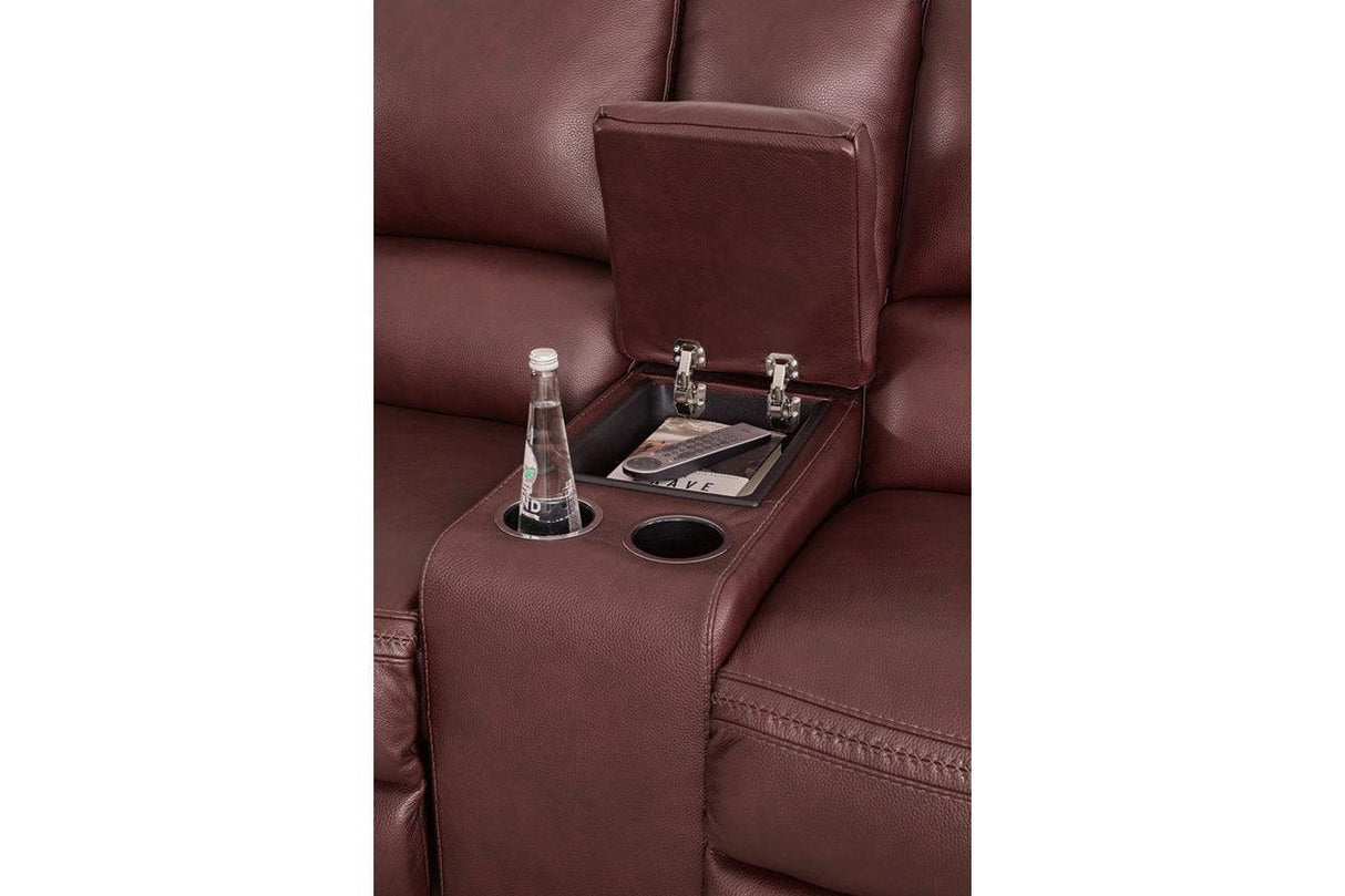 Alessandro Garnet Dual Power Leather Reclining Loveseat with Console by Ashley at Eve Furniture
