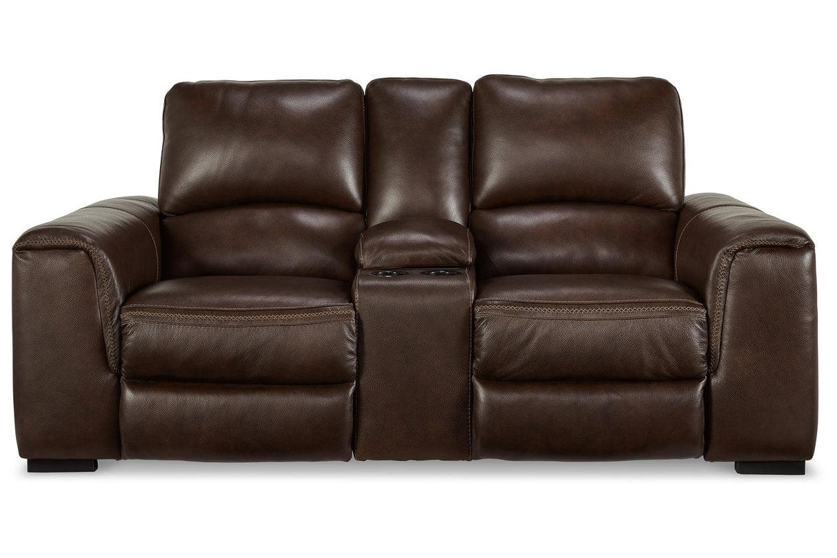Alessandro Walnut Dual Power Leather Reclining Loveseat with Console by Ashley at Eve Furniture