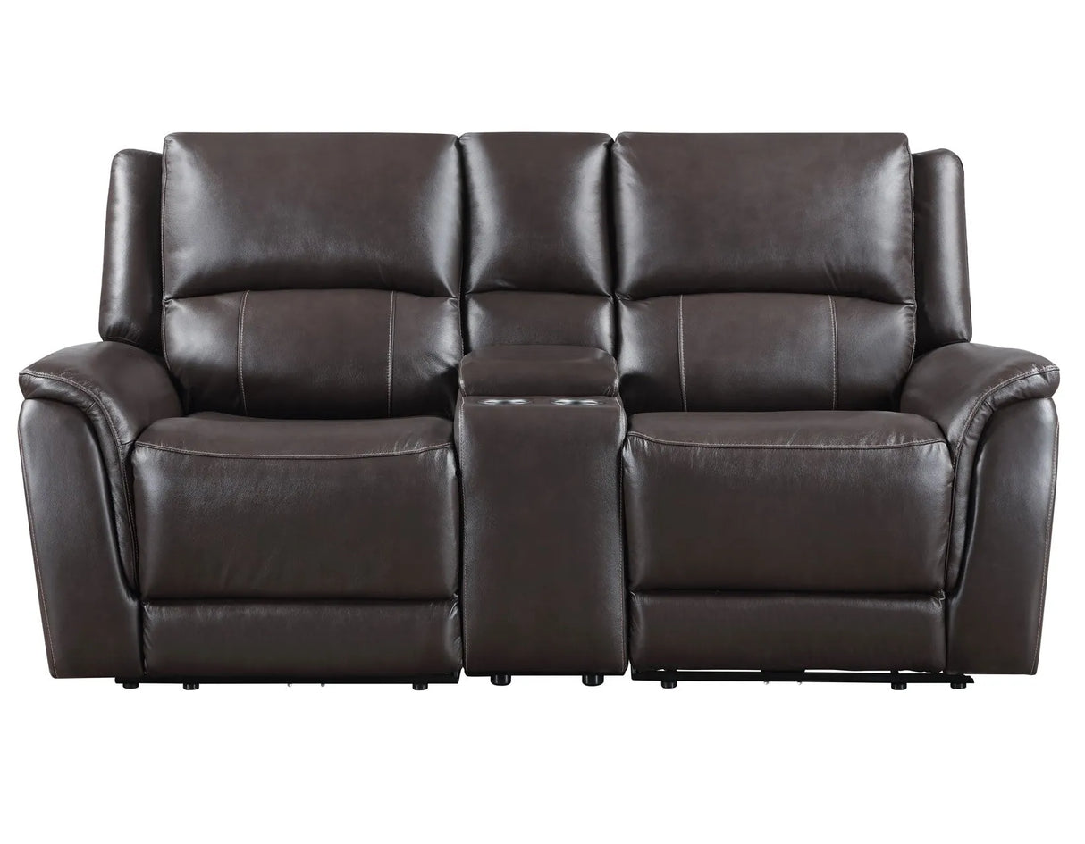 Alexandria Chocolate Top-Grain Leather Power Reclining Console Loveseat by Steve Silver at Eve Furniture