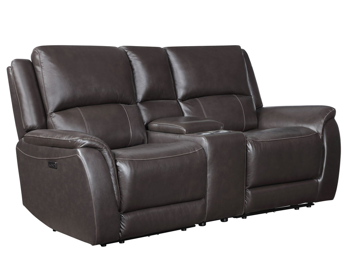 Alexandria Chocolate Top-Grain Leather Power Reclining Console Loveseat by Steve Silver at Eve Furniture