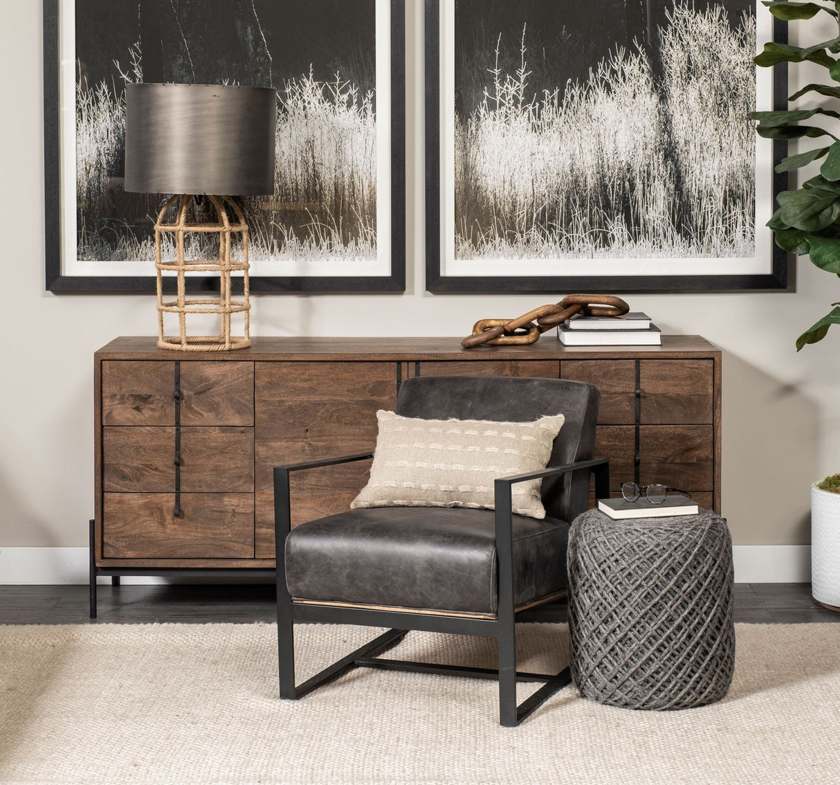 Allium Dark Gray Handwoven Wool Cylindrical Pouf by Mercana at Eve Furniture