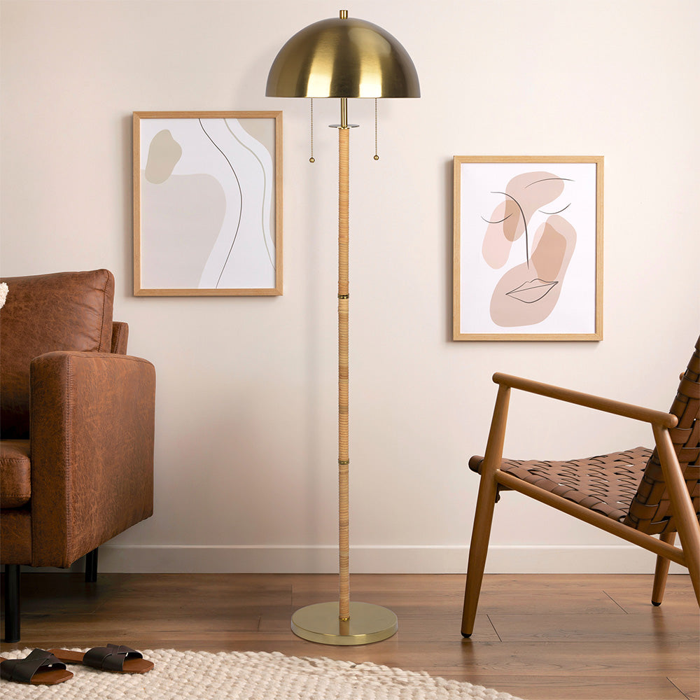 Allure 2-Light Floor Lamp, Gold Brass, Natural Rattan Tube , Double On/Off Pull Chain by Ashcroft Furniture at Eve Furniture
