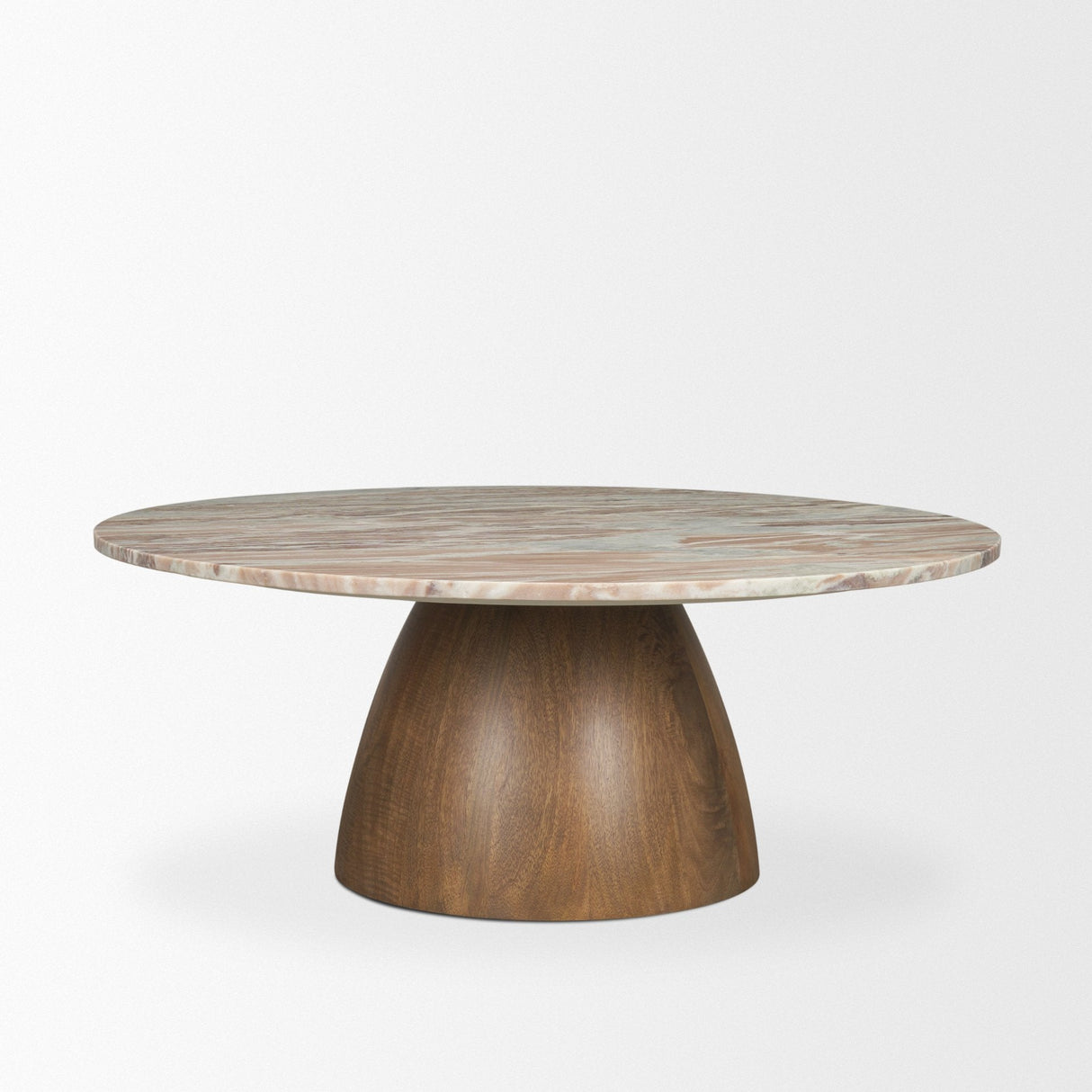 Allyson Round Brown Pedestal w/ Pink Marble Top Coffee Table by Mercana at Eve Furniture