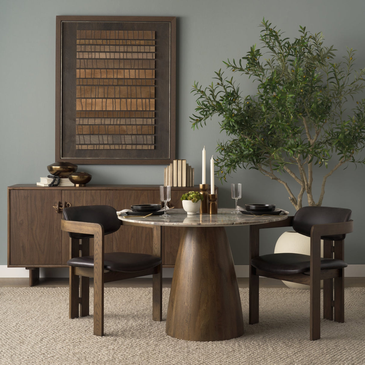 Allyson Round Brown Wood Pedestal w/ Savar Pink Marble Top Dining Table by Mercana at Eve Furniture