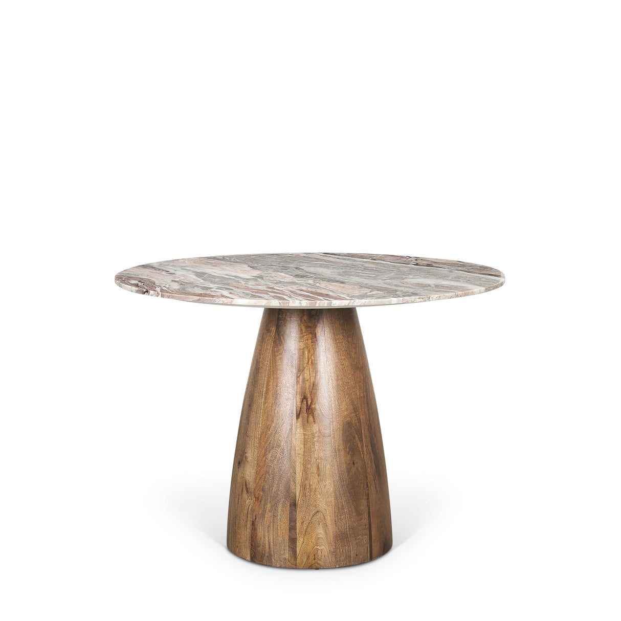 Allyson Round Brown Wood Pedestal w/ Savar Pink Marble Top Dining Table by Mercana at Eve Furniture