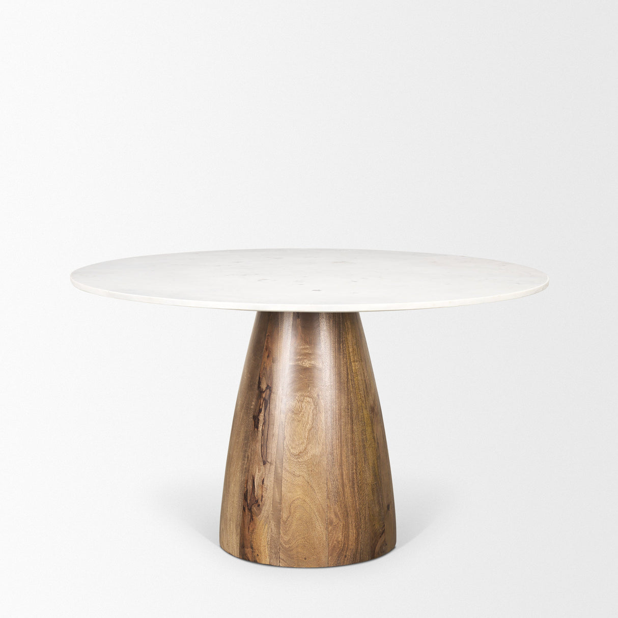 Allyson Round Brown Wood Pedestal w/ White Marble Top Dining Table by Mercana at Eve Furniture