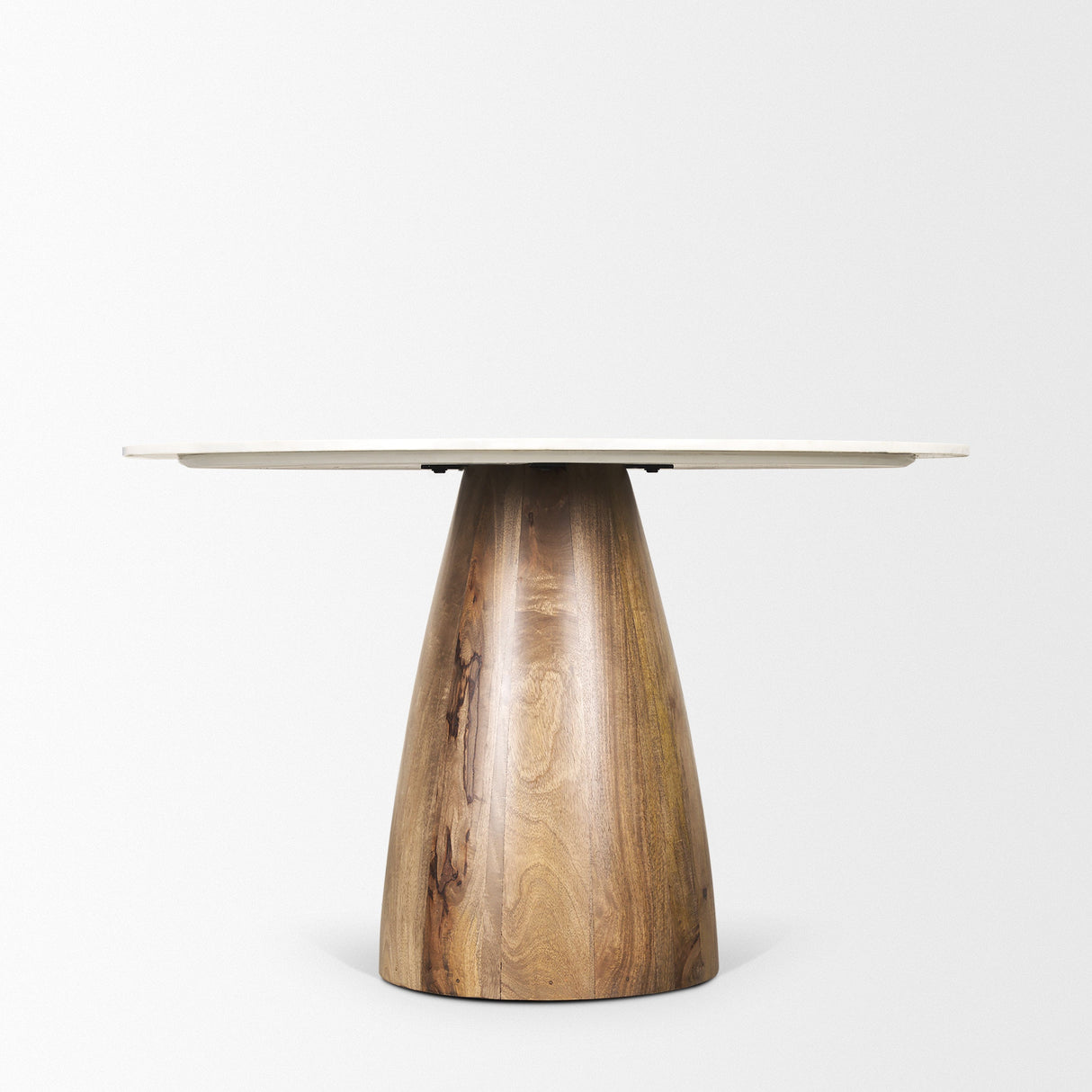 Allyson Round Brown Wood Pedestal w/ White Marble Top Dining Table by Mercana at Eve Furniture